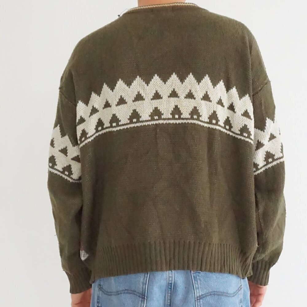 VTG Olive Green Bear Wildlife Fair Isle Graphic Outdoor Knit Crewneck Sweater XL - Picture 2 of 12